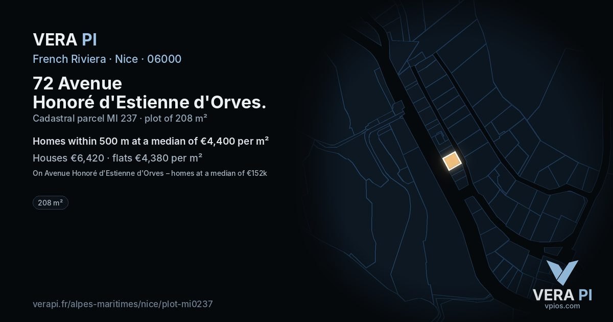 72 Avenue Honoré d'Estienne d'Orves, Nice at night – the plot lit, the parcels around coloured by the prices near them