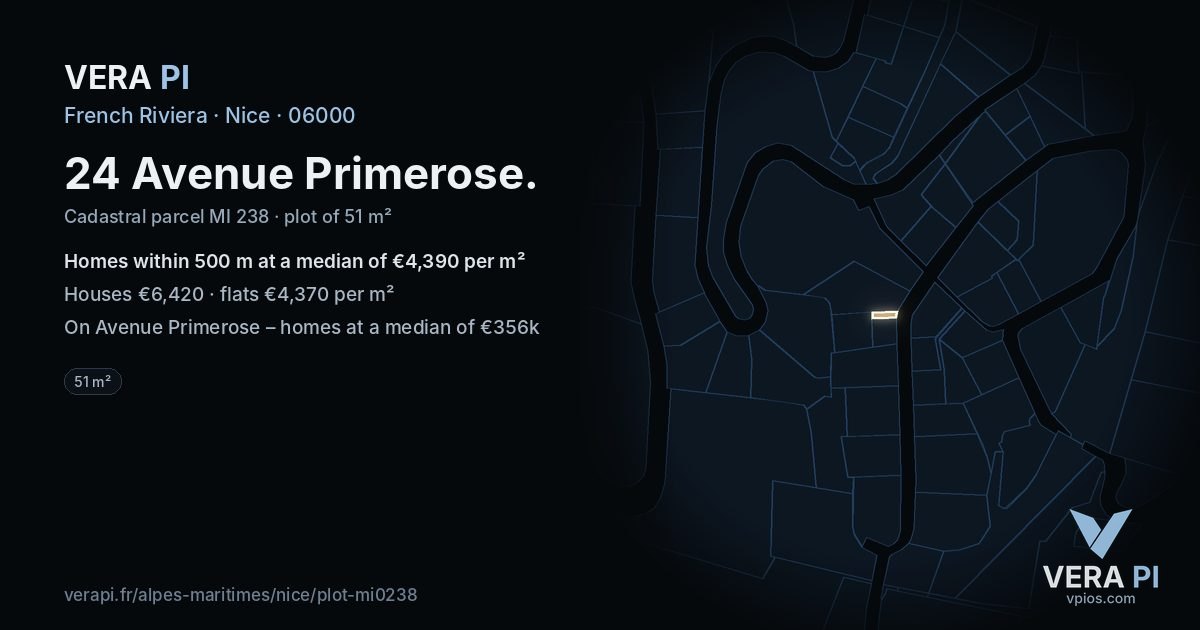 24 Avenue Primerose, Nice at night – the plot lit, the parcels around coloured by the prices near them