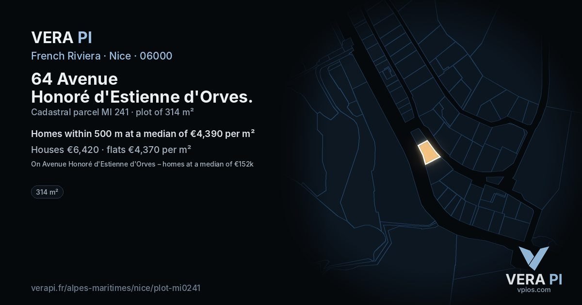 64 Avenue Honoré d'Estienne d'Orves, Nice at night – the plot lit, the parcels around coloured by the prices near them