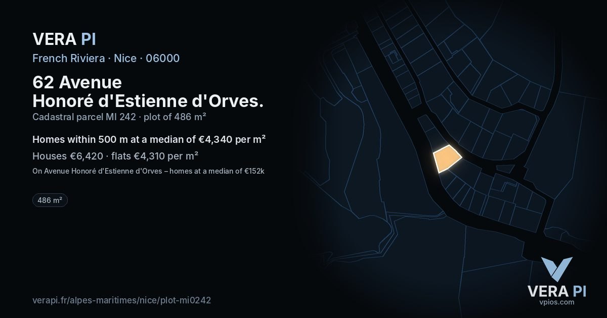 62 Avenue Honoré d'Estienne d'Orves, Nice at night – the plot lit, the parcels around coloured by the prices near them