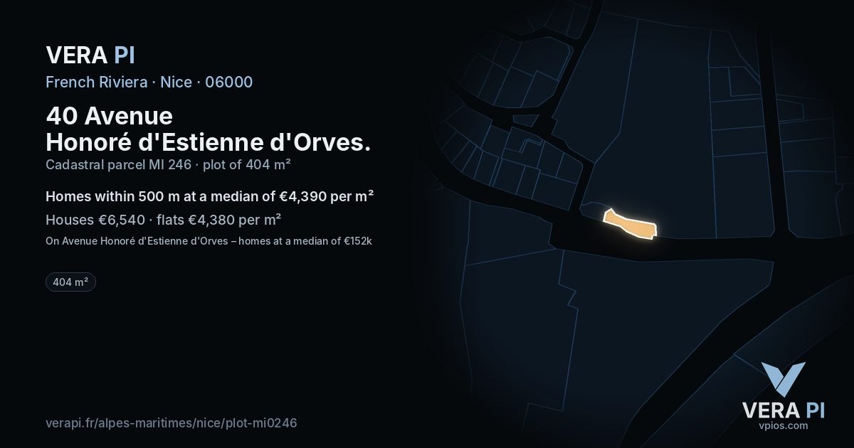 40 Avenue Honoré d'Estienne d'Orves, Nice at night – the plot lit, the parcels around coloured by the prices near them