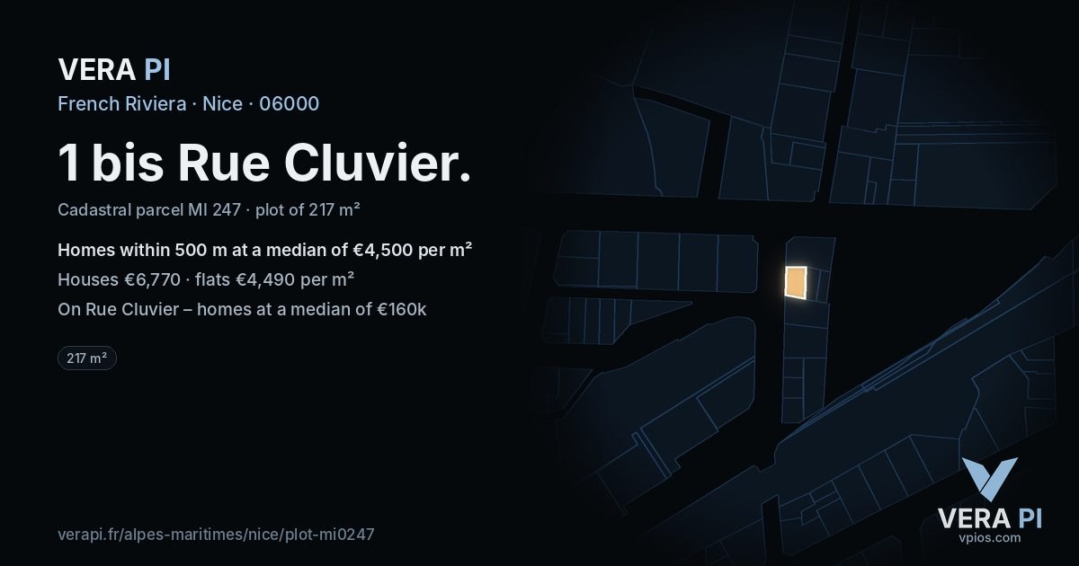 1 bis Rue Cluvier, Nice at night – the plot lit, the parcels around coloured by the prices near them