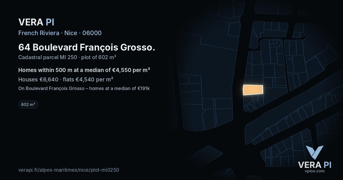 64 Boulevard François Grosso, Nice at night – the plot lit, the parcels around coloured by the prices near them