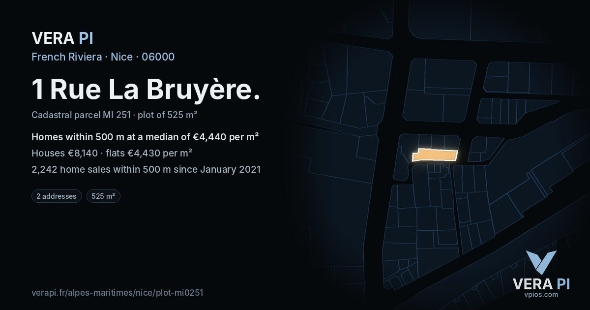 1 Rue La Bruyère, Nice at night – the plot lit, the parcels around coloured by the prices near them
