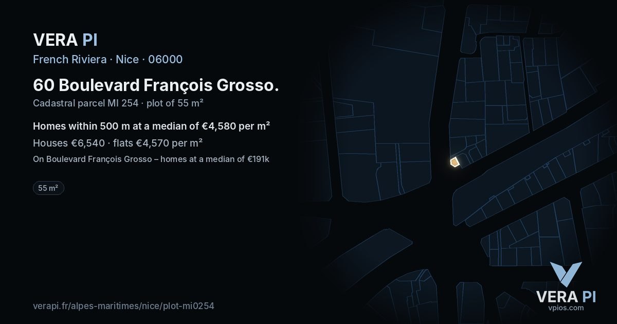 60 Boulevard François Grosso, Nice at night – the plot lit, the parcels around coloured by the prices near them