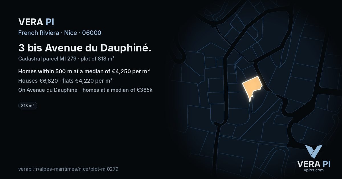 3 bis Avenue du Dauphiné, Nice at night – the plot lit, the parcels around coloured by the prices near them