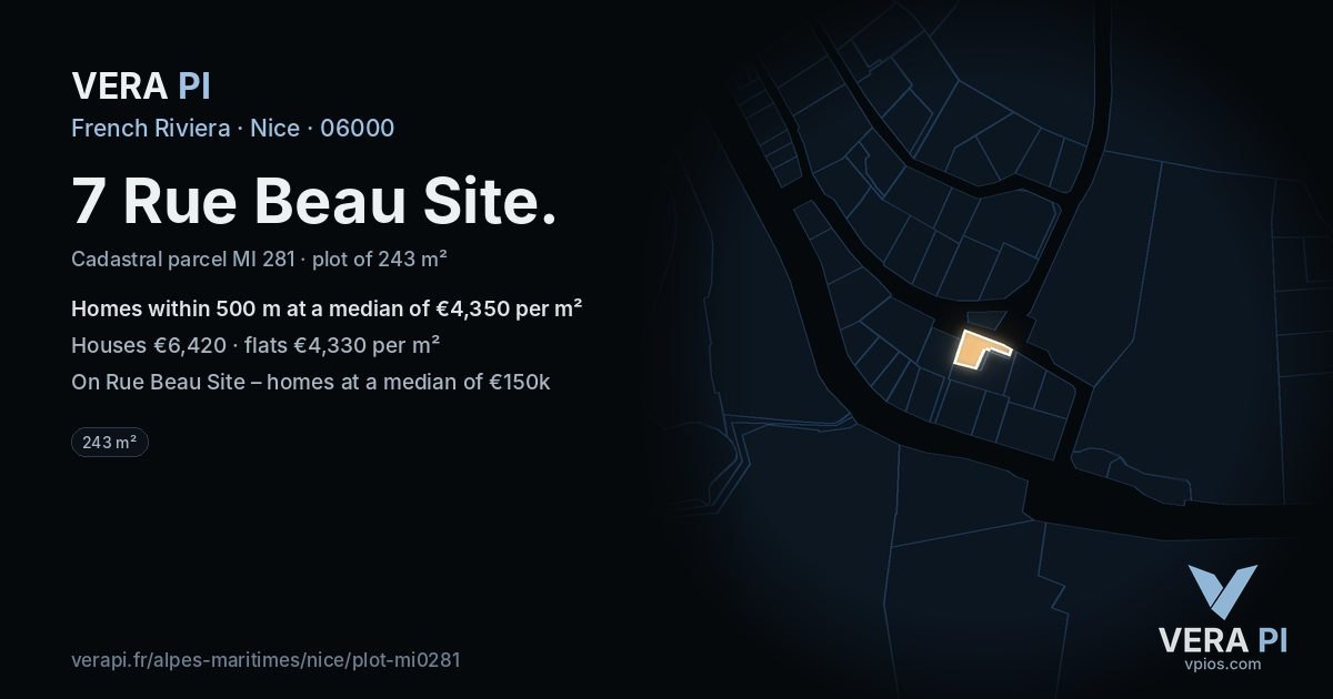 7 Rue Beau Site, Nice at night – the plot lit, the parcels around coloured by the prices near them