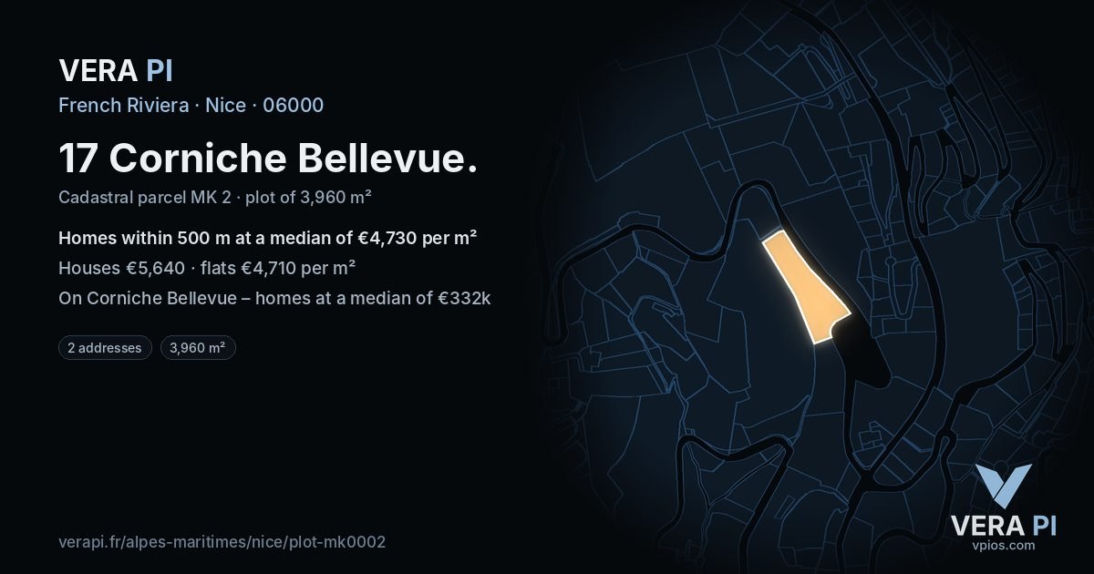 17 Corniche Bellevue, Nice at night – the plot lit, the parcels around coloured by the prices near them