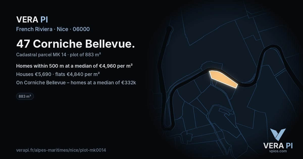 47 Corniche Bellevue, Nice at night – the plot lit, the parcels around coloured by the prices near them