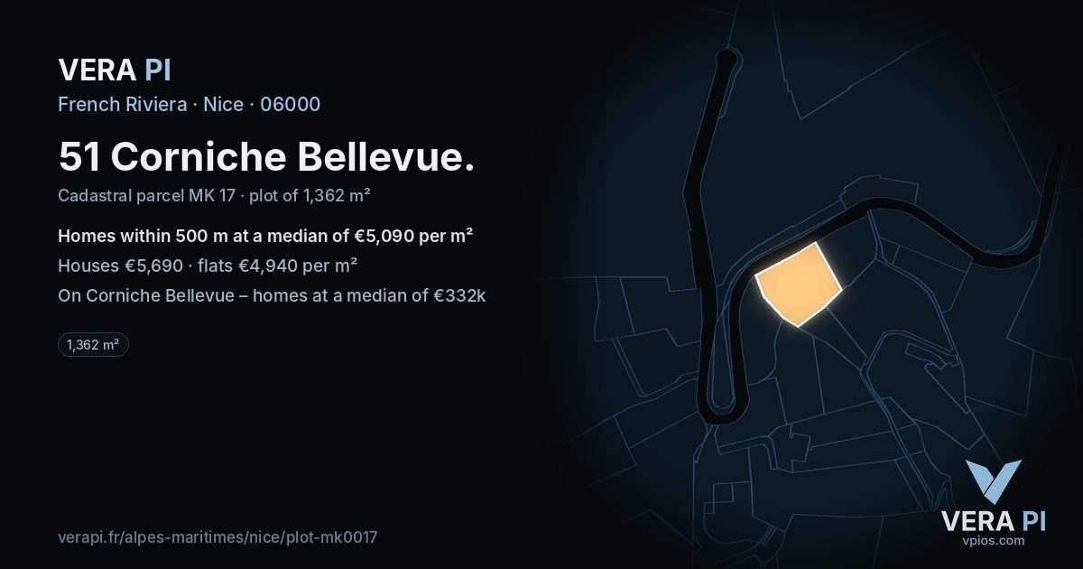 51 Corniche Bellevue, Nice at night – the plot lit, the parcels around coloured by the prices near them