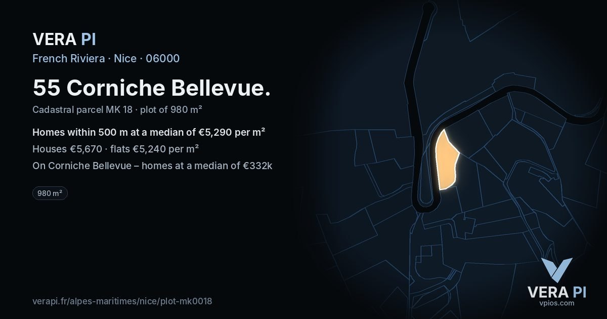 55 Corniche Bellevue, Nice at night – the plot lit, the parcels around coloured by the prices near them