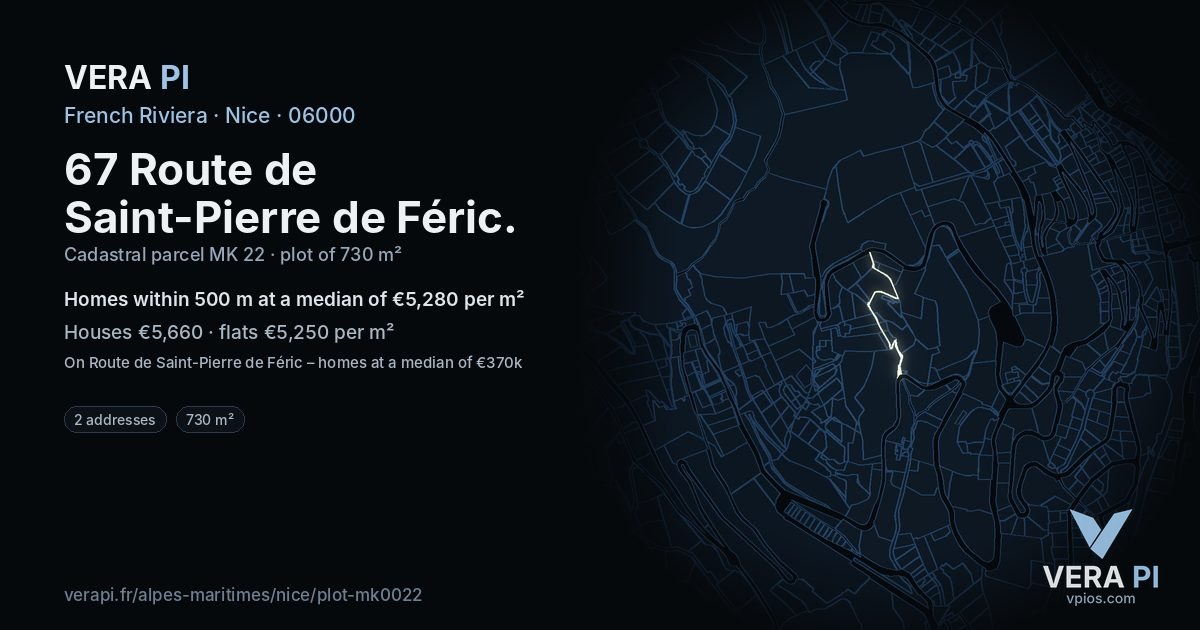67 Route de Saint-Pierre de Féric, Nice at night – the plot lit, the parcels around coloured by the prices near them