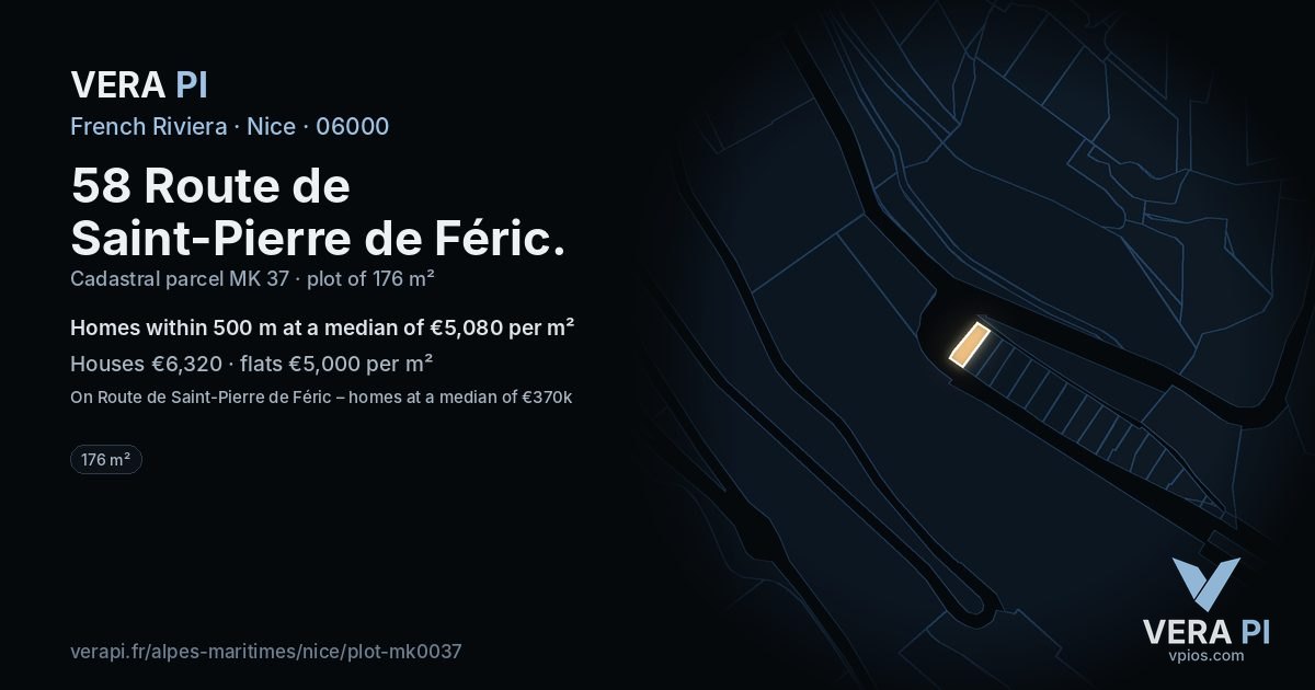 58 Route de Saint-Pierre de Féric, Nice at night – the plot lit, the parcels around coloured by the prices near them