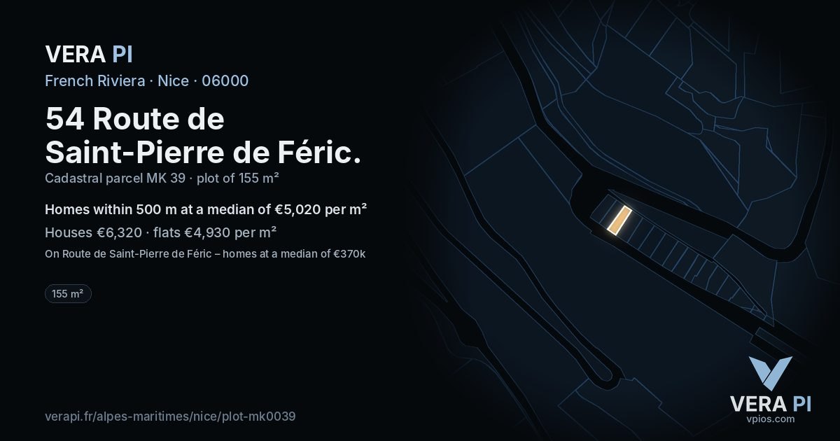 54 Route de Saint-Pierre de Féric, Nice at night – the plot lit, the parcels around coloured by the prices near them