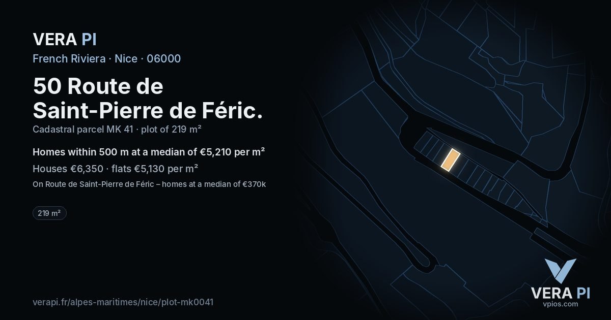 50 Route de Saint-Pierre de Féric, Nice at night – the plot lit, the parcels around coloured by the prices near them