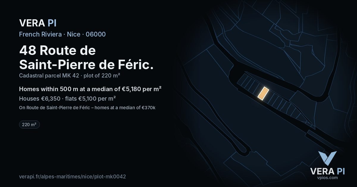 48 Route de Saint-Pierre de Féric, Nice at night – the plot lit, the parcels around coloured by the prices near them