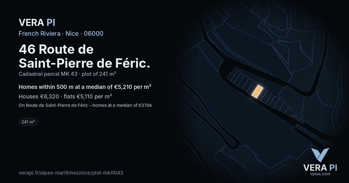46 Route de Saint-Pierre de Féric, Nice at night – the plot lit, the parcels around coloured by the prices near them