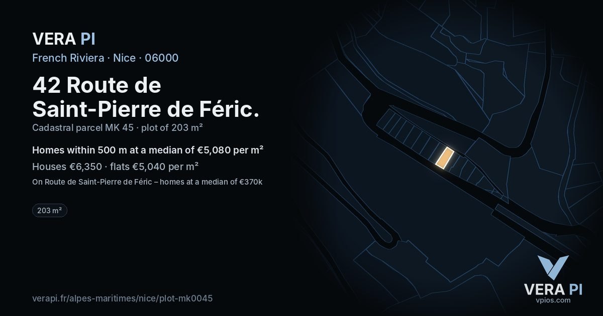 42 Route de Saint-Pierre de Féric, Nice at night – the plot lit, the parcels around coloured by the prices near them