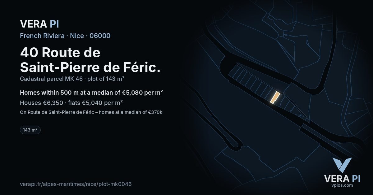 40 Route de Saint-Pierre de Féric, Nice at night – the plot lit, the parcels around coloured by the prices near them