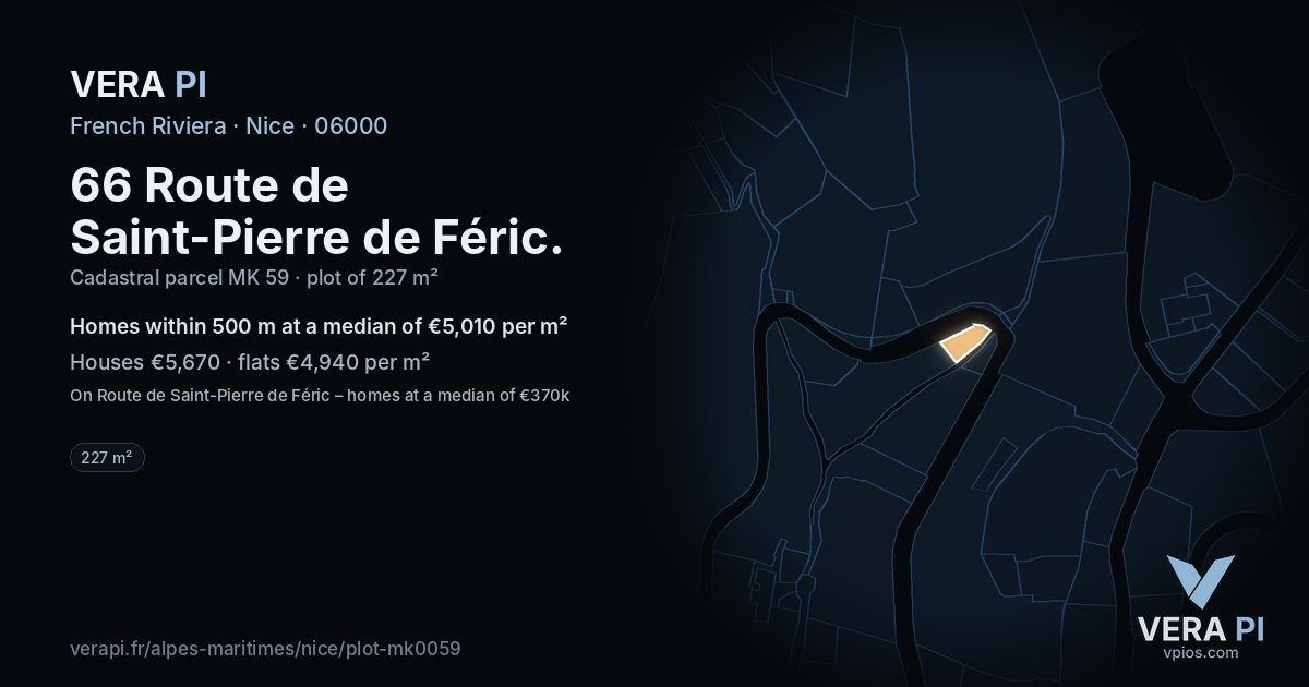 66 Route de Saint-Pierre de Féric, Nice at night – the plot lit, the parcels around coloured by the prices near them