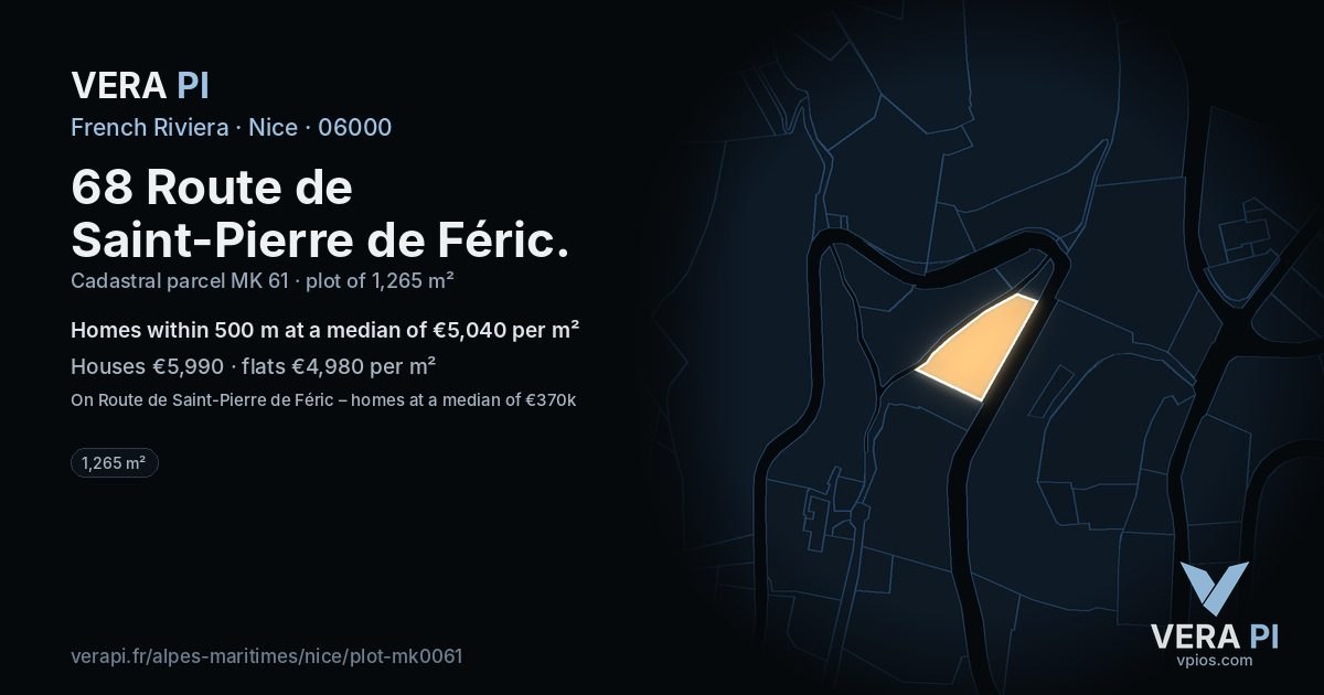 68 Route de Saint-Pierre de Féric, Nice at night – the plot lit, the parcels around coloured by the prices near them