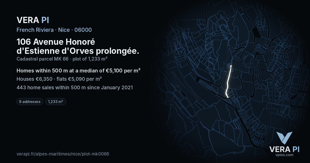 106 Avenue Honoré d'Estienne d'Orves prolongée, Nice at night – the plot lit, the parcels around coloured by the prices near them