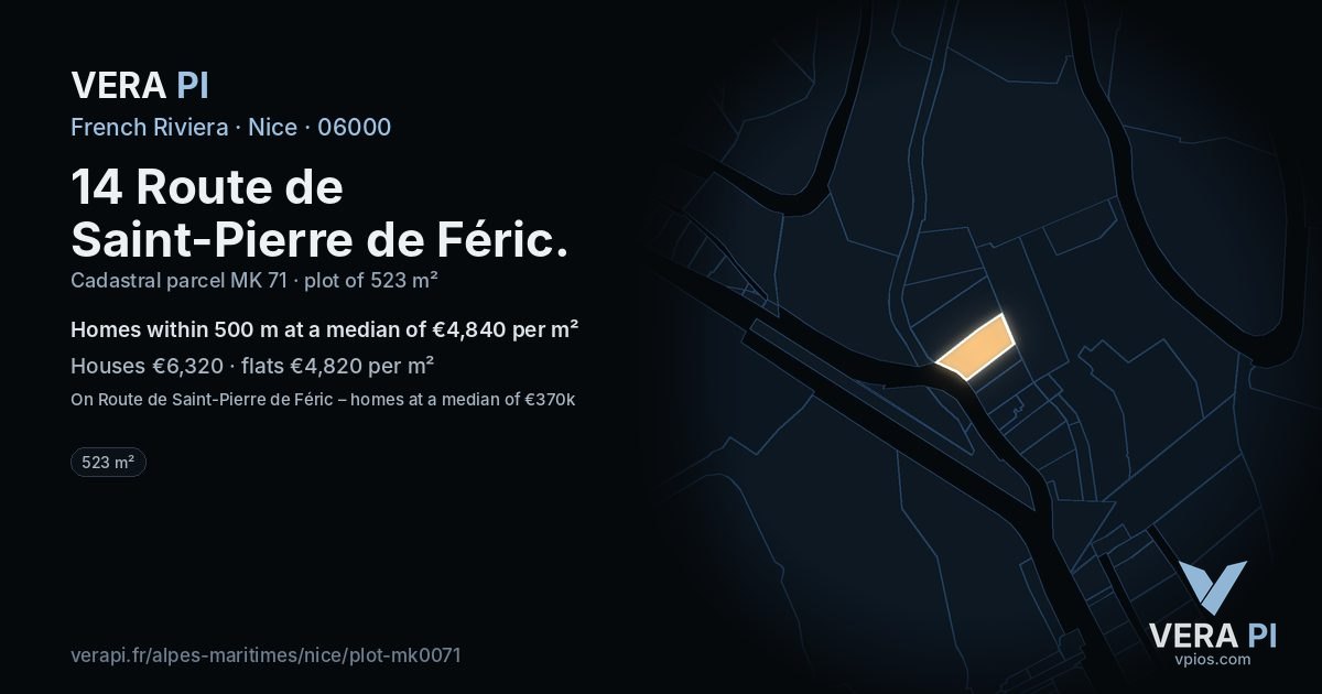 14 Route de Saint-Pierre de Féric, Nice at night – the plot lit, the parcels around coloured by the prices near them