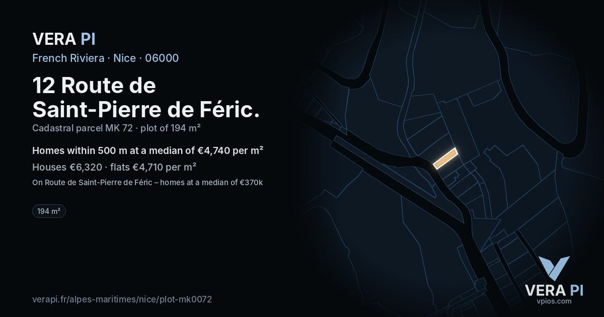 12 Route de Saint-Pierre de Féric, Nice at night – the plot lit, the parcels around coloured by the prices near them