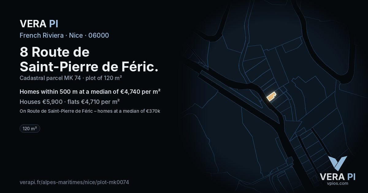 8 Route de Saint-Pierre de Féric, Nice at night – the plot lit, the parcels around coloured by the prices near them