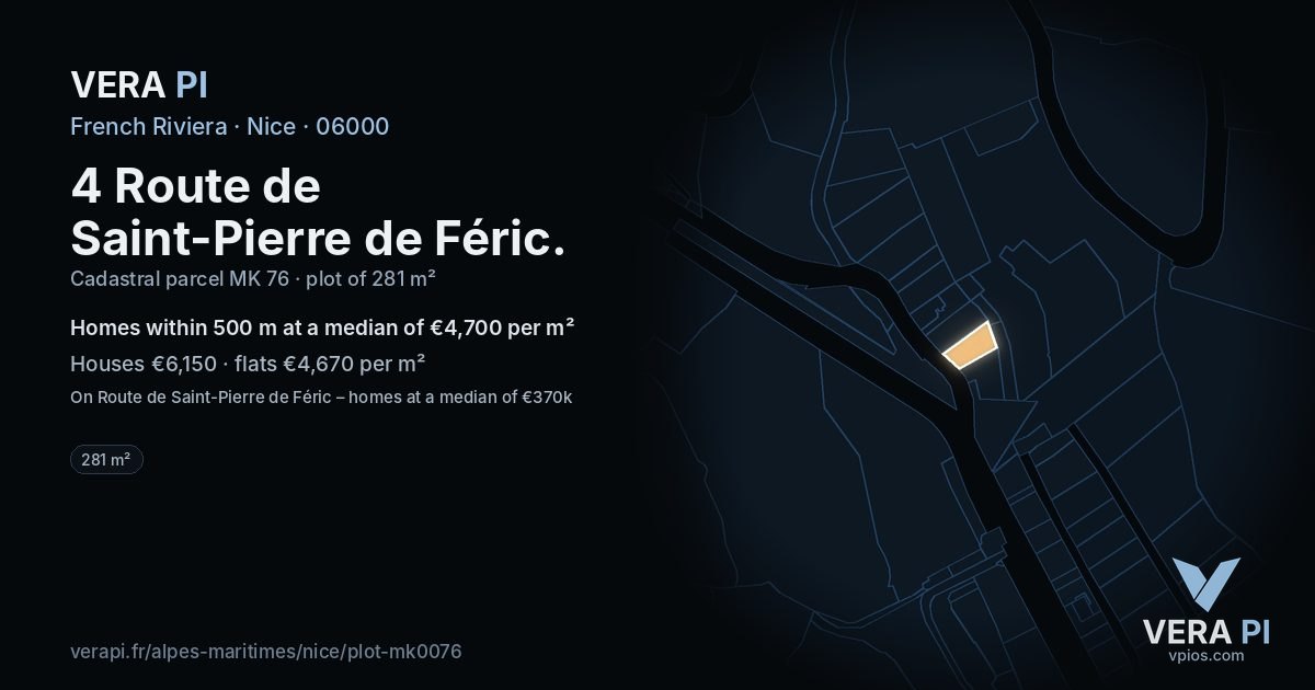 4 Route de Saint-Pierre de Féric, Nice at night – the plot lit, the parcels around coloured by the prices near them