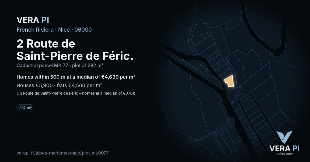 2 Route de Saint-Pierre de Féric, Nice at night – the plot lit, the parcels around coloured by the prices near them