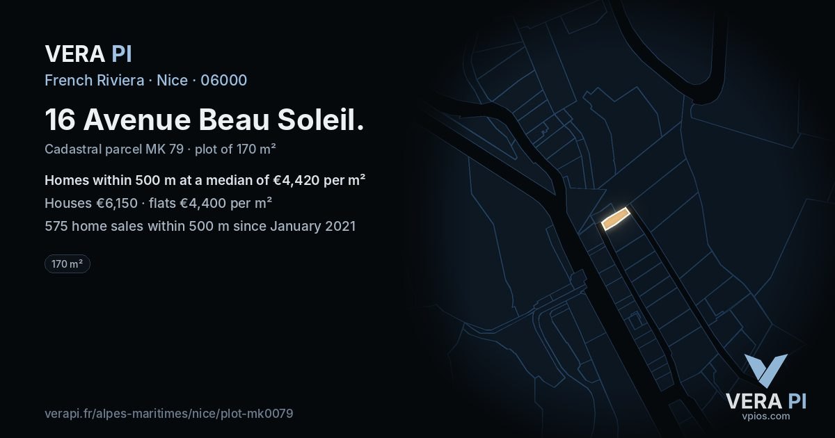 16 Avenue Beau Soleil, Nice at night – the plot lit, the parcels around coloured by the prices near them