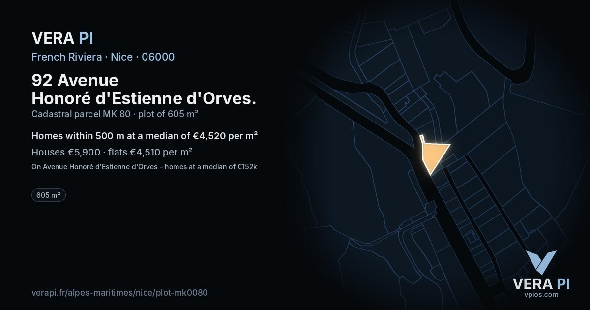92 Avenue Honoré d'Estienne d'Orves, Nice at night – the plot lit, the parcels around coloured by the prices near them