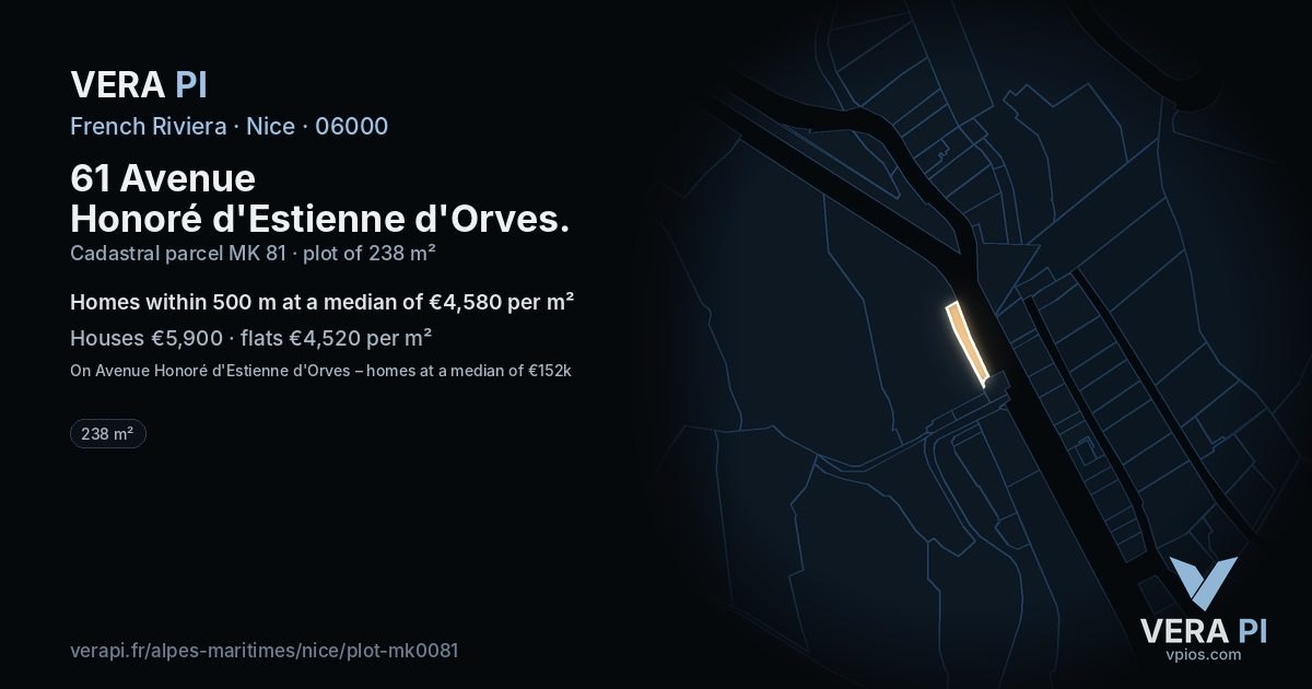 61 Avenue Honoré d'Estienne d'Orves, Nice at night – the plot lit, the parcels around coloured by the prices near them