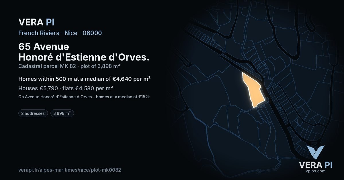 65 Avenue Honoré d'Estienne d'Orves, Nice at night – the plot lit, the parcels around coloured by the prices near them