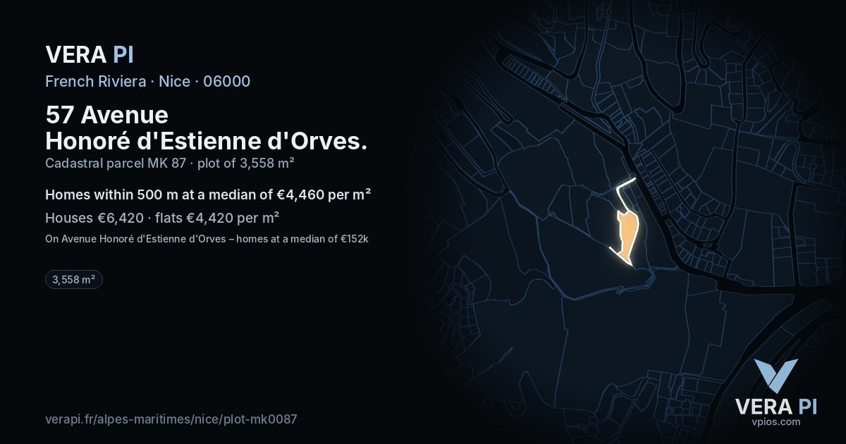 57 Avenue Honoré d'Estienne d'Orves, Nice at night – the plot lit, the parcels around coloured by the prices near them