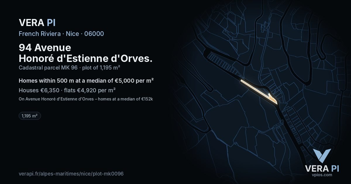 94 Avenue Honoré d'Estienne d'Orves, Nice at night – the plot lit, the parcels around coloured by the prices near them