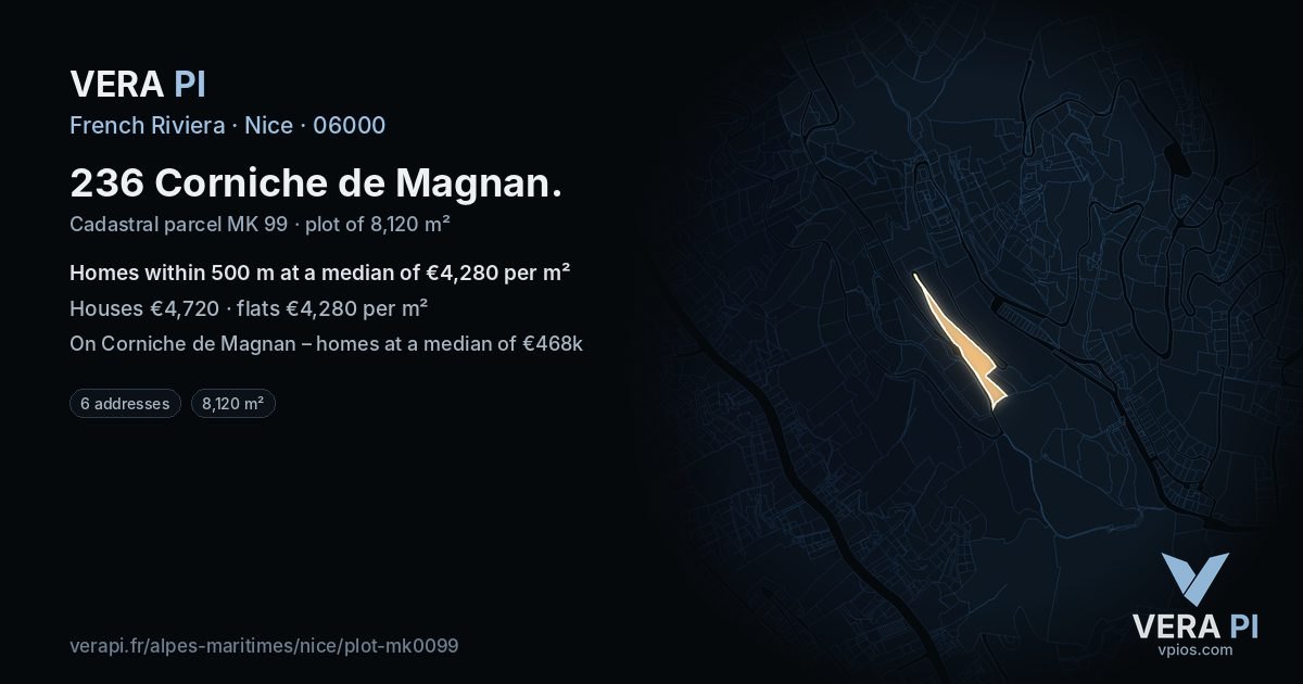 236 Corniche de Magnan, Nice at night – the plot lit, the parcels around coloured by the prices near them