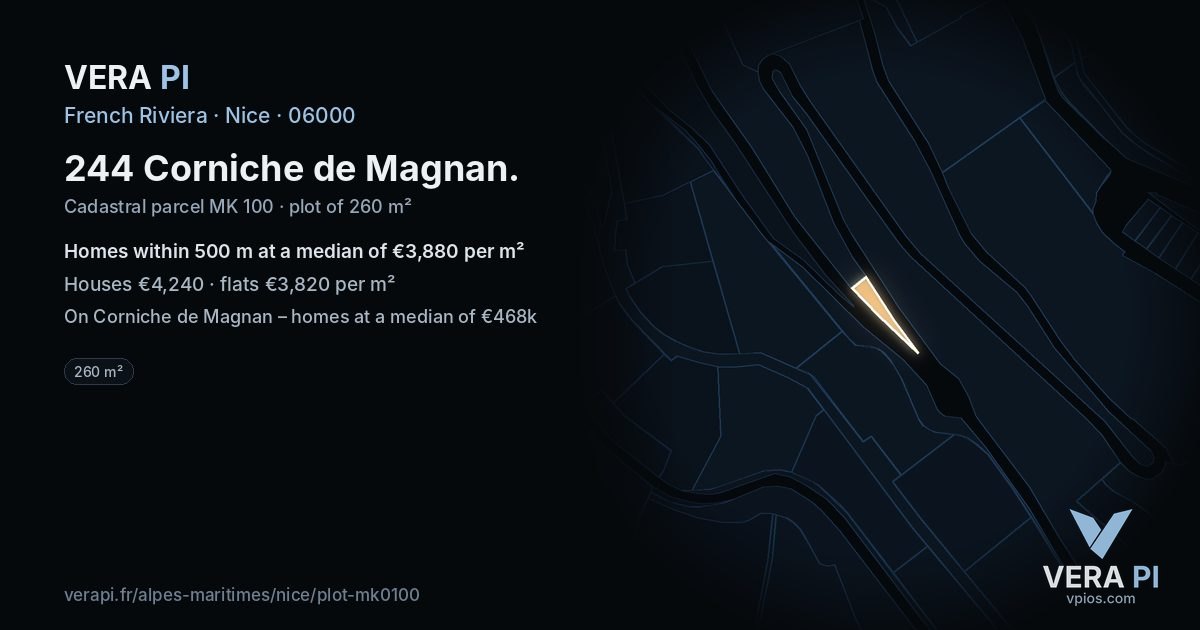 244 Corniche de Magnan, Nice at night – the plot lit, the parcels around coloured by the prices near them