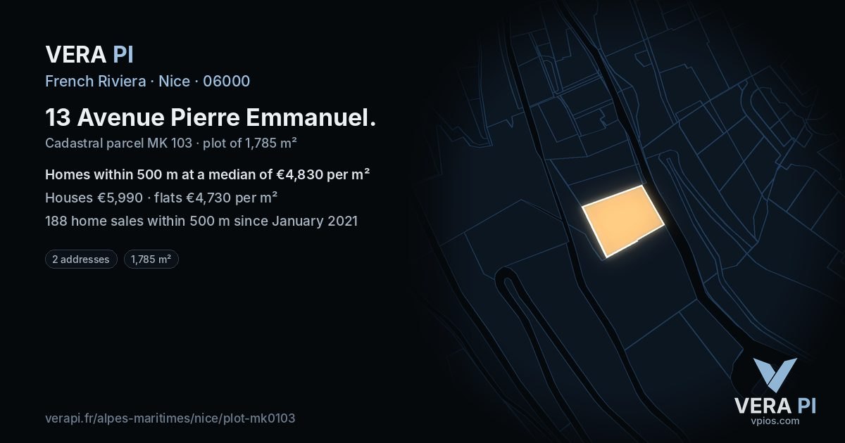 13 Avenue Pierre Emmanuel, Nice at night – the plot lit, the parcels around coloured by the prices near them