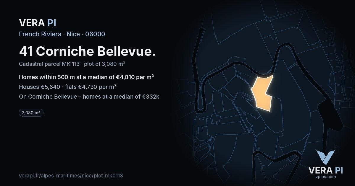 41 Corniche Bellevue, Nice at night – the plot lit, the parcels around coloured by the prices near them