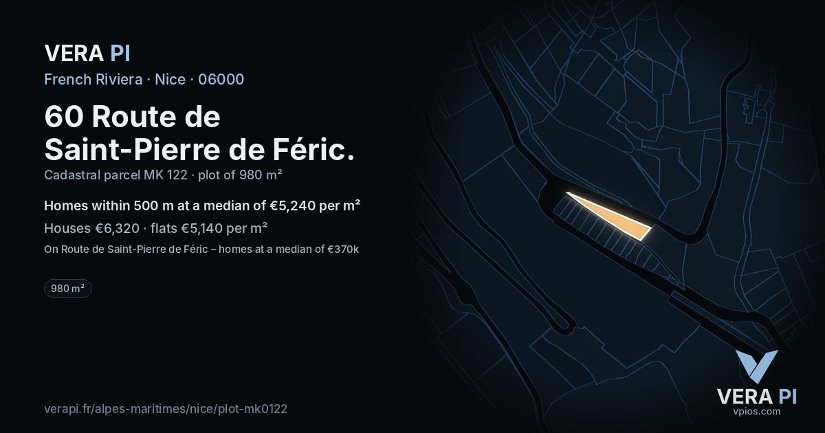 60 Route de Saint-Pierre de Féric, Nice at night – the plot lit, the parcels around coloured by the prices near them