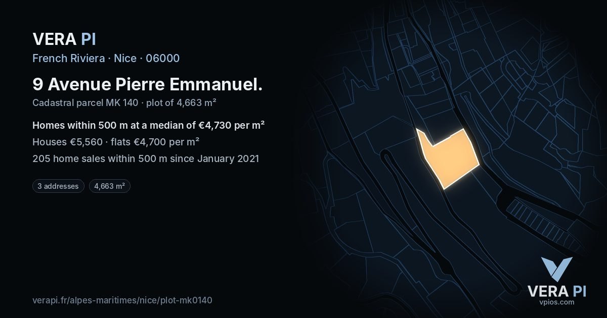 9 Avenue Pierre Emmanuel, Nice at night – the plot lit, the parcels around coloured by the prices near them