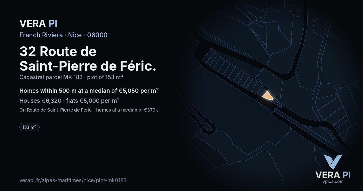 32 Route de Saint-Pierre de Féric, Nice at night – the plot lit, the parcels around coloured by the prices near them