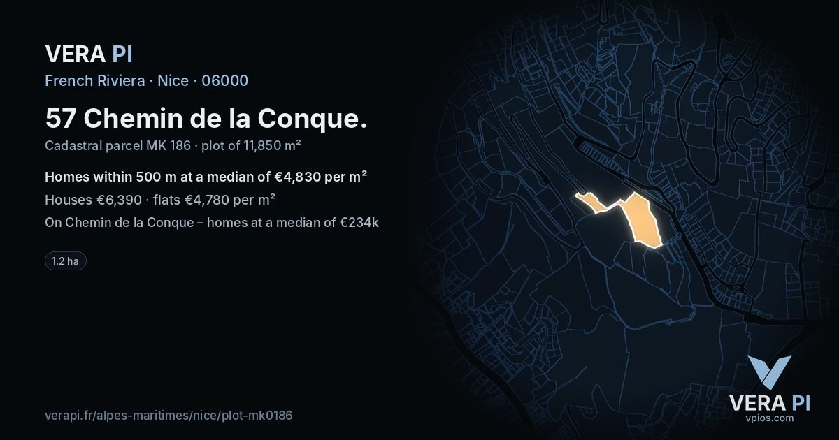 57 Chemin de la Conque, Nice at night – the plot lit, the parcels around coloured by the prices near them
