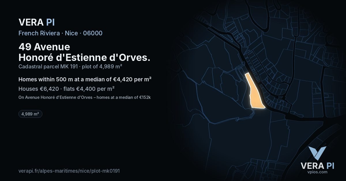 49 Avenue Honoré d'Estienne d'Orves, Nice at night – the plot lit, the parcels around coloured by the prices near them