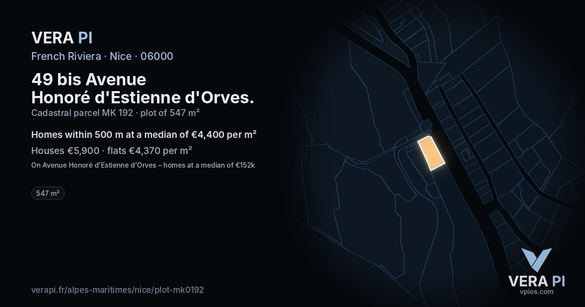 49 bis Avenue Honoré d'Estienne d'Orves, Nice at night – the plot lit, the parcels around coloured by the prices near them