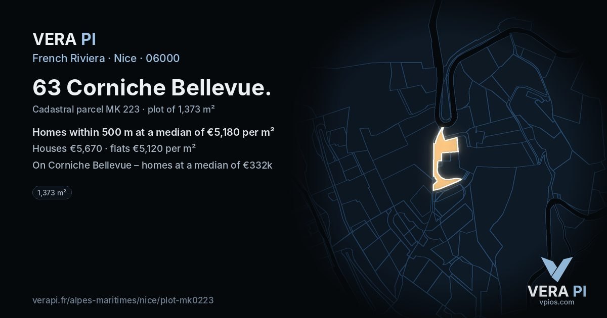 63 Corniche Bellevue, Nice at night – the plot lit, the parcels around coloured by the prices near them