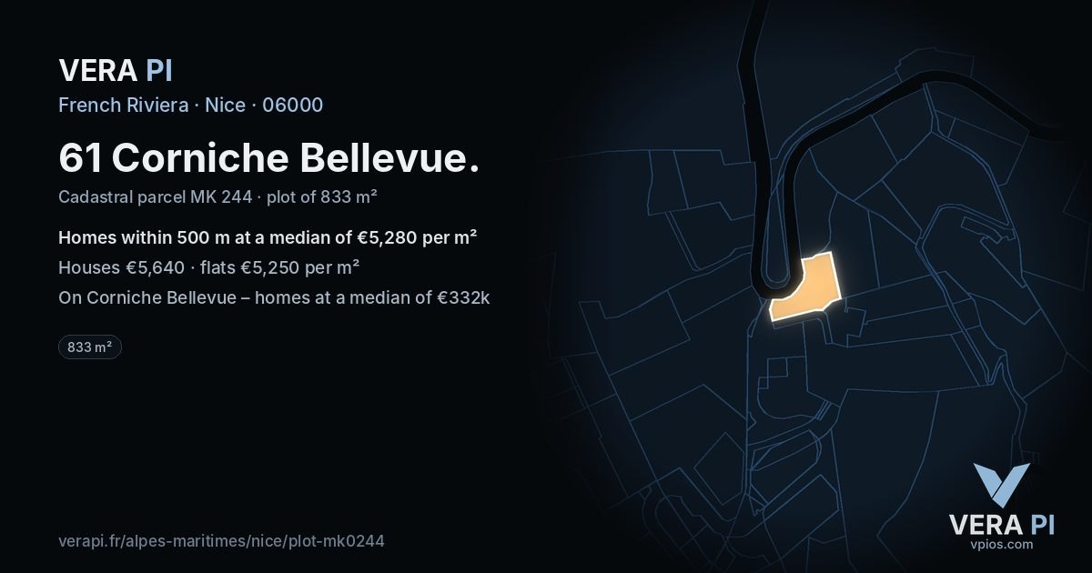 61 Corniche Bellevue, Nice at night – the plot lit, the parcels around coloured by the prices near them