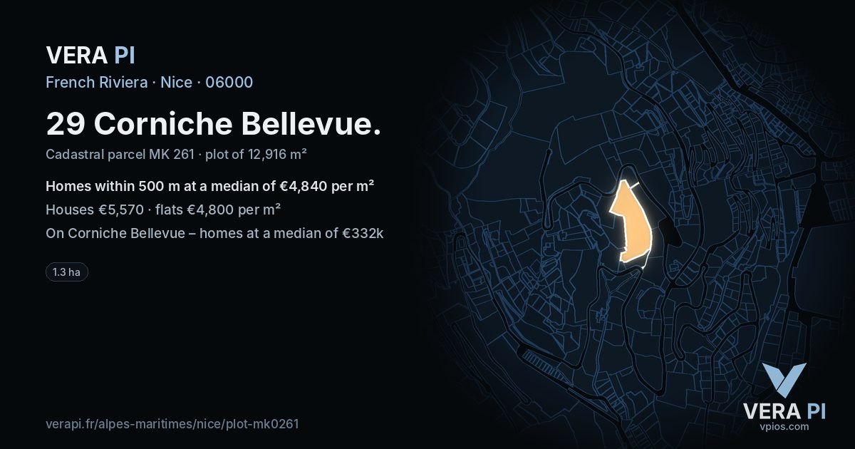 29 Corniche Bellevue, Nice at night – the plot lit, the parcels around coloured by the prices near them